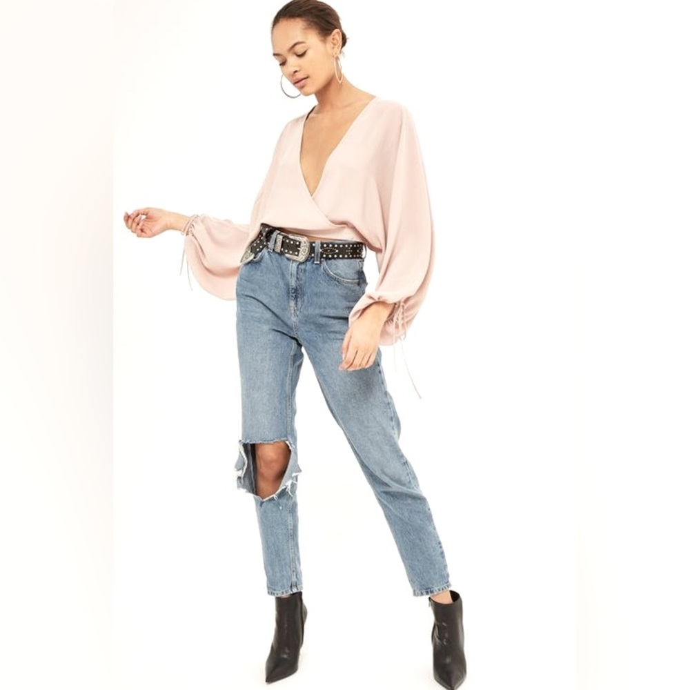 🆕 Top Shop Low V Neck Faux Wrap Balloon Sleeve Top 14